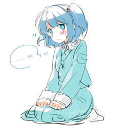 Rule 34 | 1girl, absurdres, bad id, bad twitter id, blue dress, blue eyes, blue hair, blush, blush stickers, collar, collared shirt, dress, frilled collar, frilled shirt collar, frills, hair bobbles, hair ornament, hands on own knees, heart, highres, kawashiro nitori, key, long sleeves, looking at viewer, matching hair/eyes, no headwear, no headwear, pocket, seiza, shirt, short hair, simple background, sitting, sketch, skirt, skirt set, solo, spoken heart, tori (otori), touhou, twintails, twitter username, two side up, white background