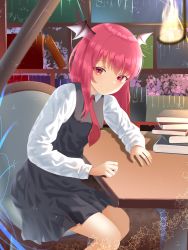 Rule 34 | 1girl, absurdres, anima miko, artist name, black dress, blurry, book, book stack, bookshelf, breasts, chair, closed mouth, commentary request, depth of field, dress, eyes visible through hair, feet out of frame, fire, fire, head wings, highres, indoors, koakuma, light blush, light smile, long hair, long sleeves, looking at viewer, medium breasts, necktie, red eyes, red hair, red necktie, shirt, sitting, solo, star (symbol), table, torch, touhou, white shirt, wing collar, wings