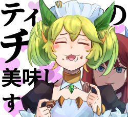 2girls blue_eyes chocolate closed_eyes dragon_girl dragon_horns duel_monster eating false_smile food hatano_kiyoshi holding holding_chocolate holding_food horns kitchen_dragonmaid maid_headdress meme multiple_girls parlor_dragonmaid red_hair shaded_face smile tidus_no_chinpo_kimochiyo_sugidaro!_(meme) translated yu-gi-oh!