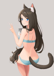 Rule 34 | 1girl, aina (mao lian), animal ear fluff, animal ears, arm up, ass, black hair, blue bra, blue eyes, blue panties, bra, cat ears, cat girl, cat tail, drinking, drinking straw, from behind, from side, grey background, highres, invisible chair, long hair, looking back, mao lian (nekokao), milk carton, mouth hold, original, panties, simple background, sitting, smile, solo, tail, underwear, underwear only, v, very long hair