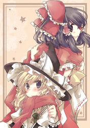 Rule 34 | 2girls, bad id, bad pixiv id, blonde hair, bow, brown eyes, brown hair, detached sleeves, female focus, hair bow, hakurei reimu, hat, highres, japanese clothes, kirisame marisa, long hair, miko, multiple girls, perfect cherry blossom, poprication, scarf, smile, touhou, wavy hair, witch, witch hat