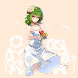 Rule 34 | 1girl, alternate costume, bare shoulders, bouquet, breasts, cleavage, dress, falken (yutozin), flower, green hair, hair flower, hair ornament, jewelry, kazami yuuka, looking at viewer, medium breasts, necklace, red eyes, sleeveless, solo, standing, sundress, sunflower, touhou, white dress, wind, wind lift
