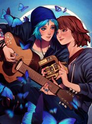 Rule 34 | 2girls, aqua hair, aqua nails, black jacket, blue beanie, blue butterfly, brown hair, bug, butterfly, camera, chloe price, couple, freckles, grey hoodie, guitar, holding, holding camera, holding guitar, holding instrument, hood, hoodie, insect, instrument, jacket, jewelry, life is strange, looking at another, max caulfield, multiple girls, multiple rings, nail polish, parted lips, playing guitar, purple shirt, ring, shirt, short hair, tholia bentz, thumb ring, twitter username, white shirt, yuri