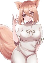 Rule 34 | 1girl, absurdres, animal ears, blonde hair, breasts, brown eyes, contrapposto, cowboy shot, curvy, fox ears, fox girl, fox shadow puppet, fox tail, green ribbon, grin, highres, kudamaki tsukasa, large breasts, miton iguana, parted lips, ribbon, romper, short hair, smile, solo, tail, touhou, white romper