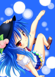 Rule 34 | 1girl, barefoot, blue hair, bow, dress, feet, female focus, food, foreshortening, from above, fruit, hand on headwear, hat, hinanawi tenshi, long hair, looking back, peach, red eyes, ribbon, saki chisuzu, sandals, shoes, single shoe, sitting, smile, solo, toes, touhou