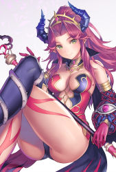 Rule 34 | 1girl, absurdres, anbe yoshirou, angela (seiken densetsu 3), ass, boots, breasts, cameltoe, earrings, eyebrows, feet out of frame, forehead, gloves, green eyes, highres, horns, invisible chair, jewelry, leotard, light smile, long hair, looking at viewer, medium breasts, pink gloves, pointy ears, ponytail, purple hair, seiken densetsu, seiken densetsu 3, sidelocks, simple background, sitting, solo, staff, swept bangs, thighs, tiara, white background
