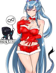 Rule 34 | arknights, blue hair, doctor (arknights), dragon girl, dragon horns, dragon tail, gloves, highres, horns, ling (arknights), makeup, one eye closed, santa costume, smile, tail, white background, yingwuxie99