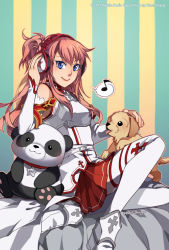 Rule 34 | 10s, 1girl, armor, asuna (sao), breastplate, detached sleeves, dog, finni chang, headphones, long hair, musical note, pink hair, pleated skirt, ponytail, puppy, skirt, smile, stuffed animal, stuffed toy, sword art online, teddy bear, thighhighs, white thighhighs
