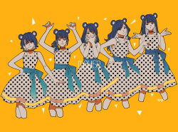 Rule 34 | 1girl, absurdres, arms up, black hair, copyright request, covering own mouth, dress, hands up, highres, long hair, looking at viewer, multiple views, okada (hoooojicha), polka dot, polka dot dress, ponytail, short hair, signature, simple background, sleeveless, sleeveless dress, smile, white dress, yellow background