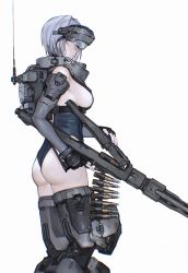 Rule 34 | absurdres, antennae, ass, bare shoulders, black leotard, blue eyes, blue nails, breasts, cartridge, closed mouth, from side, grey hair, gun, head-mounted display, highres, holding, holding gun, holding weapon, iuui, large breasts, leotard, looking at viewer, looking to the side, nail polish, original, prosthesis, prosthetic leg, short hair, sideboob, standing, weapon