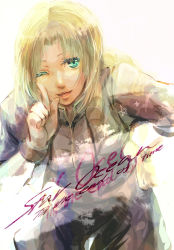 Rule 34 | 1girl, aqua eyes, bad id, bad pixiv id, black jacket, black shirt, blonde hair, bracelet, braid, breasts, closed mouth, copyright name, facing viewer, hand on own hip, hand up, happy, highres, index finger raised, jacket, jewelry, leaning forward, long hair, looking at viewer, medium breasts, mirage koas, one eye closed, open clothes, open jacket, senano-yu, shirt, simple background, single braid, smile, solo, star ocean, star ocean till the end of time, white background, wink
