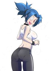 Rule 34 | + +, 1girl, ass, blue hair, blush, breasts, choker, exercising, from behind, heavy breathing, large breasts, looking back, midriff, open mouth, out of character, pantylines, ponytail, red eyes, shadowbug x, skullgirls, smile, solo, spandex, sports bra, sweat, valentine (skullgirls), wristband