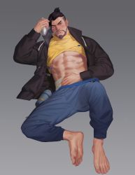 Rule 34 | 1boy, abs, absurdres, alcohol, bara, barefoot, black hair, blush, casual hanzo, clothes lift, drunk, facial hair, feet, full body, hanzo (overwatch), highres, jr (id=14368070), looking at viewer, lying, male focus, muscular, overwatch, overwatch 1, piercing, shirt lift, solo, steam, toes, wince