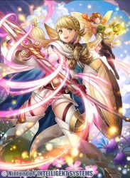 Rule 34 | 2girls, armor, blonde hair, braid, commentary request, company name, copyright name, fairy, fairy wings, fire emblem, fire emblem cipher, fire emblem heroes, full body, fumi (butakotai), holding, holding weapon, long hair, multiple girls, nintendo, official art, peony (fire emblem), pointy ears, polearm, scale armor, sharena (fire emblem), spear, thighhighs, thighs, weapon, wings