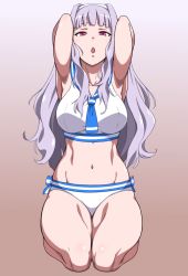 Rule 34 | 1girl, armpits, arms behind head, bikini, breasts, groin, hairband, idolmaster, idolmaster (classic), long hair, looking at viewer, navel, open mouth, puge, purple eyes, sailor bikini, sailor collar, sailor swimsuit (idolmaster), seiza, shijou takane, silver hair, sitting, solo, swimsuit, thick thighs, thighs