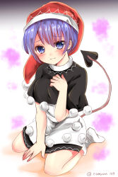Rule 34 | 1girl, :|, blue eyes, blue hair, blush, breasts, capelet, closed mouth, doremy sweet, dream soul, dress, full body, hat, highres, looking at viewer, matching hair/eyes, medium breasts, nightcap, pom pom (clothes), ramudia (lamyun), short dress, short hair, socks, solo, tail, tapir tail, touhou, white dress, white socks