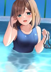 Rule 34 | 1girl, :d, bare arms, bare shoulders, blue eyes, blue one-piece swimsuit, blush, breasts, brown hair, chain-link fence, collarbone, commentary request, copyright request, day, fence, goggles, unworn goggles, hand up, highres, holding, holding goggles, komori kuzuyu, long hair, looking at viewer, medium breasts, one-piece swimsuit, open mouth, outdoors, partially submerged, pool, school swimsuit, smile, solo, swim cap, unworn swim cap, swimsuit, water, white headwear