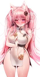 Rule 34 | 1girl, absurdres, animal ears, bare arms, bare shoulders, breasts, cat ears, china dress, chinese clothes, cowboy shot, dress, groin, hair ornament, heterochromia, highres, large breasts, long hair, looking at viewer, no panties, original, pelvic curtain, pink eyes, pink hair, red eyes, short dress, simple background, sleeveless, sleeveless dress, smile, solo, standing, thighs, twintails, very long hair, white background, white dress, zerocat