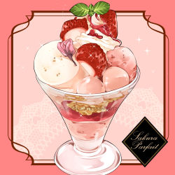 Rule 34 | 2017, artist name, cherry blossoms, commentary request, cup, dated, dessert, doily, english text, flower, food, food focus, fruit, glass, highres, ice cream, le delicatessen, leaf, no humans, parfait, pink background, pink flower, pink theme, sakura parfait, sparkle, still life, strawberry, watermark