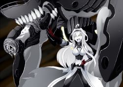 Rule 34 | 10s, 1girl, abyssal ship, ahoge, dark persona, detached sleeves, hand on own hip, kantai collection, kongou (kancolle), long hair, ogawa-syou, ogawa shou, open mouth, skeletal arm, solo, very long hair, white hair, yellow eyes