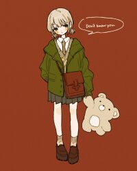 Rule 34 | 1girl, absurdres, bag, blonde hair, blush stickers, brown footwear, cardigan, english text, full body, gohanysu, green jacket, grey skirt, highres, holding, holding stuffed toy, jacket, long sleeves, medium hair, necktie, original, pleated skirt, shirt, shoes, short twintails, shoulder bag, simple background, skirt, sleeves past wrists, socks, solo, stuffed animal, stuffed toy, teddy bear, twintails, white shirt