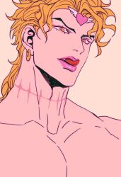 Rule 34 | 1boy, blonde hair, collarbone, commentary, dio brando, earrings, eyeshadow, fangs, heart, highres, jewelry, jojo no kimyou na bouken, licking lips, long hair, makeup, male focus, muscular, muscular male, pectorals, pink eyeshadow, pink lips, scar, scar on neck, shenshan laolin, simple background, smile, solo, stardust crusaders, symbol-only commentary, tongue, tongue out, topless male, vampire, yellow eyes