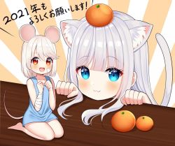 Rule 34 | 2021, 2girls, :3, :d, animal ear fluff, animal ears, bandaged arm, bandages, bare shoulders, barefoot, blue eyes, blue shirt, cat ears, cat girl, cat tail, closed mouth, collarbone, commentary request, face, food, food on head, fruit, fruit on head, grey hair, long hair, looking at viewer, mandarin orange, medium hair, mizukoshi (marumi), mouse ears, mouse girl, mouse tail, multiple girls, object on head, open mouth, original, red eyes, seiza, shirt, sitting, smile, tail, teeth, translation request, upper teeth only