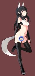 Rule 34 | 1girl, anabuki tomoko, animal ears, bare shoulders, black eyes, black hair, black thighhighs, blush, bottomless, breasts, censored, elbow gloves, gloves, long hair, looking at viewer, navel, novelty censor, shimada fumikane, simple background, small breasts, smile, solo, strike witches, strike witches: suomus misfits squadron, tail, thighhighs, world witches series