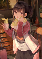 Rule 34 | 1girl, :d, ball, basketball, basketball (object), black shorts, blush, bottle, brown eyes, brown hair, clothes writing, covering one eye, gym storeroom, highres, holding, holding bottle, indoors, jacket, long sleeves, looking at viewer, mat, niichi (komorebi-palette), open mouth, original, pink sleeves, print shirt, shirt, short hair, shorts, side ponytail, smile, solo, sweat, towel, towel around neck, track jacket, traffic cone, v, white jacket, white shirt, window, wiping sweat