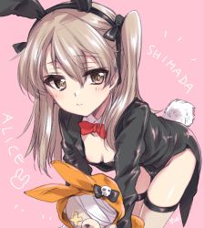 Rule 34 | 1girl, animal costume, animal ears, artist name, bandages, black jacket, black leotard, black ribbon, boko (girls und panzer), bow, bowtie, breasts, brown eyes, character name, closed mouth, coattails, collar, commentary, detached collar, fake animal ears, fake tail, fishnet thighhighs, fishnets, girls und panzer, hair ribbon, highres, holding, holding stuffed toy, jacket, kuroi mimei, leaning forward, leotard, light brown hair, light smile, long hair, long sleeves, looking at viewer, one side up, pink background, playboy bunny, rabbit ears, rabbit tail, red bow, red bowtie, ribbon, shimada arisu, signature, simple background, small breasts, solo, standing, stuffed animal, stuffed toy, tail, teddy bear, thighhighs, white collar, wing collar