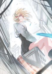 Rule 34 | 1girl, absurdres, bad id, bad twitter id, black skirt, blonde hair, breasts, building, commentary, construction, construction site, copyright request, day, from below, giant, giantess, high-waist skirt, highres, knees, long sleeves, looking at viewer, looking down, overcast, parted lips, pleated skirt, serious, shirt, shirt tucked in, short hair, sitting, skirt, sky, small breasts, solo, sudadachi, sunlight, suspender skirt, suspenders, thighs, white shirt, wind