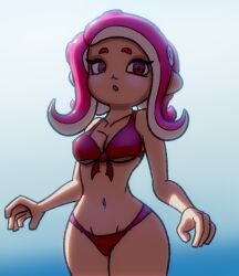 Rule 34 | 1girl, agent 8 (splatoon), bikini, breasts, cleavage, collarbone, highres, long hair, looking at viewer, medium breasts, navel, nintendo, octoling, octoling girl, octoling player character, octopus girl, open mouth, pink bikini, pink eyes, pink hair, pointy ears, sky, soandnb, splatoon (series), splatoon 2, splatoon 2: octo expansion, standing, swimsuit, tentacle hair