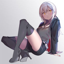 Rule 34 | &gt;:(, 1girl, arm support, artoria pendragon (all), artoria pendragon (fate), belt, black footwear, black jacket, black shorts, black thighhighs, blonde hair, boots, fate/grand order, fate/stay night, fate (series), frown, full body, grey background, grey shirt, hair between eyes, high heel boots, high heels, jacket, jewelry, long hair, looking at viewer, necklace, official alternate costume, open clothes, open jacket, ponytail, popqn, saber (fate), saber alter, saber alter (ver. shinjuku 1999) (fate), serious, shirt, shorts, simple background, sitting, solo, thigh boots, thighhighs, thighs, v-shaped eyebrows, yellow eyes