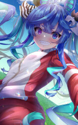 Rule 34 | 1girl, @ @, absurdres, ahoge, animal ears, aqua hair, blue eyes, blue hair, blue sky, blush, bow, cloud, commentary request, crossed bangs, grass, grin, hair bow, heterochromia, highres, horse ears, horse girl, jacket, long hair, long sleeves, looking at viewer, multicolored hair, outdoors, outstretched arm, pants, partial commentary, poco., purple eyes, reclining, red jacket, red pants, selfie, sharp teeth, sidelocks, signature, sky, smile, solo, striped bow, teeth, tracen training uniform, track jacket, track pants, twin turbo (umamusume), twintails, two-tone hair, umamusume, upper body, very long hair, zipper