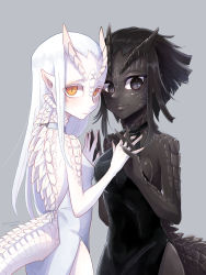 Rule 34 | 2girls, black hair, black skin, clothing cutout, colored skin, cowboy shot, dragon girl, dragon tail, female focus, grey background, highres, holding hands, interlocked fingers, looking at viewer, monster girl, multiple girls, original, pointy ears, scales, slit pupils, tail, tail through clothes, twitter username, white hair, white skin, yamanobe