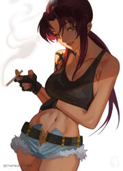 Rule 34 | 1girl, bare shoulders, belt, black belt, black fingerless gloves, black lagoon, blue shorts, breasts, brown eyes, charmiisan, cigarette, crop top, cutoffs, denim, denim shorts, female focus, fingerless gloves, gloves, hand on own stomach, highres, large breasts, lips, long hair, looking at viewer, medium breasts, micro shorts, midriff, nail polish, navel, ponytail, revy (black lagoon), short shorts, shorts, sideboob, signature, simple background, sleeveless, smoke trail, smoking, stomach, tattoo, teeth, white background