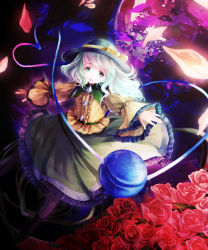 Rule 34 | 1girl, aqua eyes, awa toka, bad id, bad pixiv id, female focus, flower, green eyes, hat, highres, komeiji koishi, outstretched arms, petals, plant, red flower, red rose, rose, shirt, silver hair, skirt, solo, spread arms, third eye, touhou
