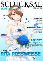 Rule 34 | 1girl, absurdres, alcohol, blue flower, blue rose, breasts, bride, brown hair, closed mouth, commentary, cover, cup, dress, drinking glass, earrings, english commentary, english text, flower, gloves, hair flower, hair ornament, hair over one eye, highres, holding, holding cup, honkai (series), honkai impact 3rd, jewelry, kuroyuki-mitsuki, large breasts, looking at viewer, magazine cover, mole, mole under eye, petals, purple eyes, rita rossweisse, rita rossweisse (artemis), rose, short hair, smile, solo, thighhighs, wedding dress, white dress, white gloves, white thighhighs, wine, wine glass