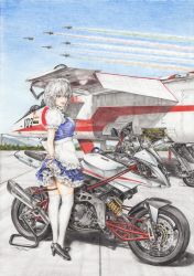 Rule 34 | 1girl, :d, aircraft, airplane, apron, bimota tesi-3d, black footwear, blue eyes, blue skirt, blue sky, blue vest, braid, breasts, colored pencil (medium), colored smoke, commentary request, contrail, day, ducati, fighter jet, forest, frilled apron, frilled skirt, frilled sleeves, frills, from behind, full body, green ribbon, hair between eyes, hair ribbon, heel up, high heels, highres, holding, holding clothes, holding skirt, izayoi sakuya, jet, large breasts, looking at viewer, maid headdress, mecha request, military, military vehicle, mitsubishi t-2, motor vehicle, motorcycle, mountain, nature, neck ribbon, nose, open mouth, outdoors, parted lips, puffy short sleeves, puffy sleeves, red pond, ribbon, runway, shirt, shoes, short hair, short sleeves, side braids, silver hair, skirt, sky, smile, smoke, solo, standing, stiletto heels, thick eyebrows, thigh strap, thighhighs, tongue, touhou, traditional media, twin braids, twisted torso, vehicle focus, vest, waist apron, white shirt, white thighhighs, zettai ryouiki