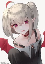 Rule 34 | 1girl, :d, ahoge, bare shoulders, black dress, collar, collarbone, commentary request, dated, demon wings, dress, dyed ahoge, fangs, gradient hair, grey background, grey hair, hand up, highres, hirota fruit, long sleeves, looking at viewer, makaino ririmu, makaino ririmu (2nd costume), multicolored hair, nijisanji, off-shoulder dress, off shoulder, open mouth, pointy ears, red collar, red eyes, red hair, red wings, simple background, sleeves past fingers, sleeves past wrists, smile, solo, strap slip, twintails, twitter username, virtual youtuber, wings