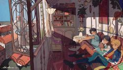 Rule 34 | 3boys, akihare, black hair, blonde hair, bookshelf, brothers, eating, flower pot, halo, highres, jacket, lamp, looking at viewer, male focus, monkey d. luffy, multiple boys, one piece, open window, pants, portgas d. ace, sabo (one piece), scar, scar on face, short sleeves, siblings, sitting, smile, sunlight, tattoo, window