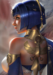 Rule 34 | 1girl, blue hair, breasts, candace (genshin impact), dark-skinned female, dark skin, detached sleeves, egyptian clothes, eye of horus, from behind, genshin impact, gold choker, jewelry, large breasts, lips, looking at viewer, neck ring, nixri, short hair with long locks, solo, yellow eyes