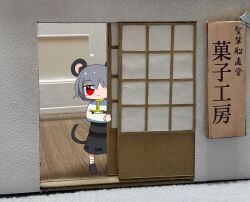 Rule 34 | 1girl, animal ears, black skirt, black vest, blush, capelet, closed mouth, commentary request, cookie (touhou), diorama, full body, grey hair, indoors, lets0020, long sleeves, looking at viewer, medium bangs, mouse ears, mouse girl, mouse tail, nazrin, nyon (cookie), peeking out, photo background, red eyes, shirt, short hair, shouji, skirt, skirt set, sliding doors, smile, solo, standing, tail, touhou, translation request, vest, white capelet, white shirt