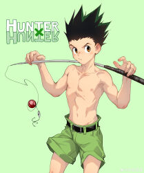 Rule 34 | 1boy, absurdres, beitemian, belt, black belt, blush, brown eyes, closed mouth, copyright name, fishing rod, gon freecss, green background, green hair, green shorts, highres, holding, holding fishing rod, hunter x hunter, male focus, navel, nipples, short hair, shorts, simple background, solo, spiked hair, topless male