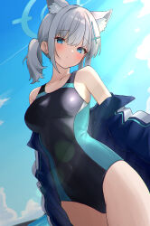 Rule 34 | 1girl, absurdres, animal ears, black one-piece swimsuit, blue archive, blue eyes, blue halo, breasts, closed mouth, collarbone, competition swimsuit, cowboy shot, cross hair ornament, extra ears, grey hair, hair ornament, halo, highres, medium breasts, medium hair, official alternate costume, one-piece swimsuit, ponytail, sakura rii, shiroko (blue archive), shiroko (swimsuit) (blue archive), solo, swimsuit, wolf ears