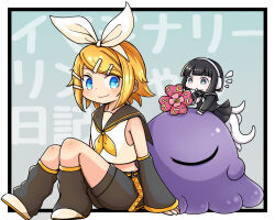 Rule 34 | 2girls, belt, black hair, black sailor collar, black serafuku, black shirt, black shorts, black skirt, blonde hair, blue background, blue eyes, blush, border, borrowed character, bow, bow hairband, closed mouth, commentary, creature, cropped shirt, detached sleeves, flower, grey eyes, hairband, headphones, kagamine rin, knees up, leg warmers, looking at another, looking back, midriff, monster girl, mouth hold, multiple girls, neckerchief, nene nene, on head, one-eyed, original, outside border, plant girl, pleated skirt, red flower, sailor collar, school uniform, serafuku, shirt, shoes, short hair, shorts, skirt, sleeping, sleeveless, sleeveless shirt, smile, swept bangs, tentacle legs, text background, utau, vocaloid, white border, white bow, white neckerchief, white shirt, yellow belt, yellow neckerchief, yorutamagame