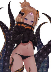 Rule 34 | 1girl, abigail williams (fate), abigail williams (traveling outfit) (fate), black bow, black jacket, black panties, blonde hair, blue eyes, blush, bow, cameltoe, closed mouth, clothes lift, commentary request, crossed bandaids, fate/grand order, fate (series), glowing, groin, hair bow, hair bun, heart, heart-shaped pupils, highres, jacket, jacket lift, lifting own clothes, long hair, long sleeves, navel, official alternate costume, orange bow, panties, parted bangs, simple background, single hair bun, sleeves past fingers, sleeves past wrists, smile, solo, standing, suction cups, symbol-shaped pupils, templus, tentacles, underwear, white background