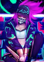 Rule 34 | 1girl, absurdres, akali, blood moon akali, breasts, cleavage, covered mouth, dagger, drawing, gynryo, heterochromia, highres, k/da (league of legends), k/da akali, knife, league of legends, long hair, mask, mouth mask, official alternate costume, paint, purple hair, solo, tagme, weapon