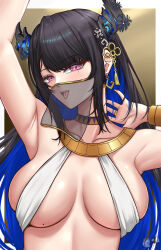 Rule 34 | 1girl, absurdres, armpits, asymmetrical horns, bare shoulders, black hair, blue hair, blush, breasts, cleavage, collarbone, colored inner hair, demon horns, dynorz, hair ornament, highres, hololive, hololive english, horns, large breasts, long hair, looking at viewer, mole, mole on breast, mole under eye, multicolored hair, nerissa ravencroft, open mouth, red eyes, solo, tongue, tongue out, two-tone hair, uneven horns, upper body, virtual youtuber