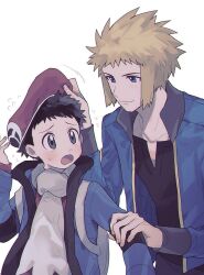 Rule 34 | 2boys, black hair, black shirt, blonde hair, blue eyes, blue jacket, blush, closed mouth, creatures (company), flying sweatdrops, game freak, hat, highres, jacket, long sleeves, lucas (pokemon), male focus, multiple boys, nintendo, open clothes, open jacket, open mouth, oshi taberu, pokemon, pokemon dppt, pokemon platinum, red headwear, scarf, shirt, simple background, sweat, volkner (pokemon), white background, white scarf, yaoi